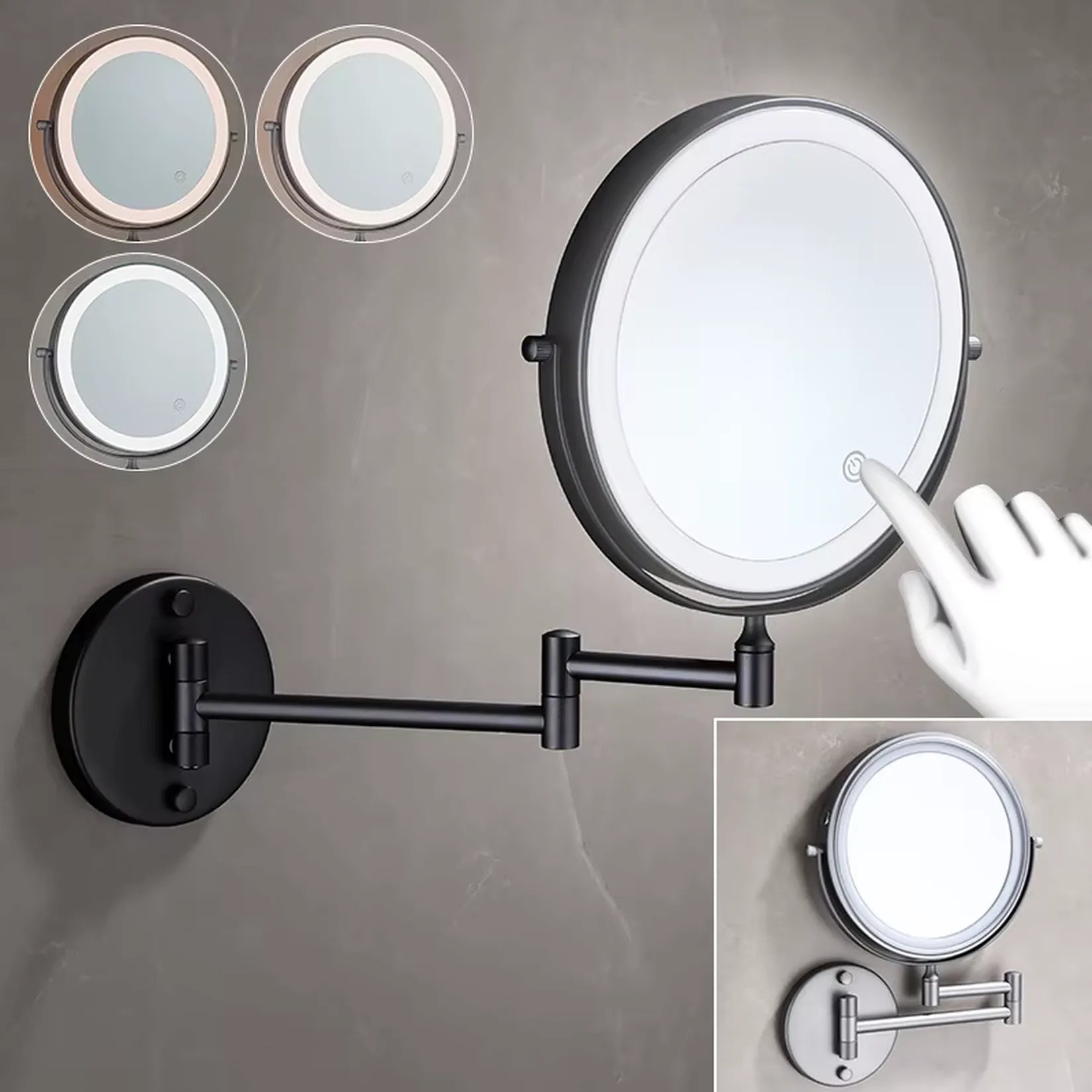 Miroir Grossissant Mural Bras Articulé LED LUXE noir mat – bras déployé et replié vue ensemble.