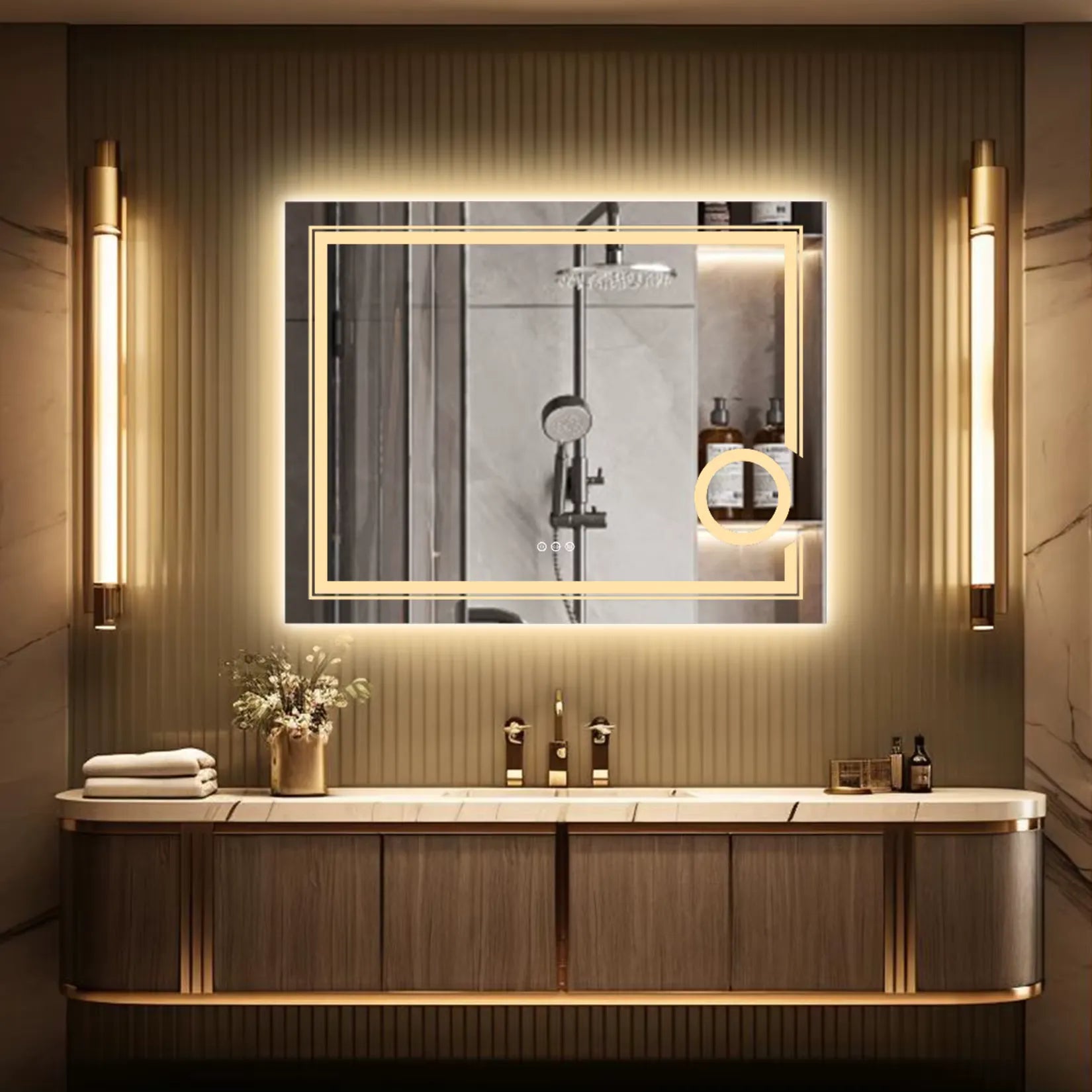 Miroir grossissant mural LED avec fonction anti-buée et triple éclairage.
