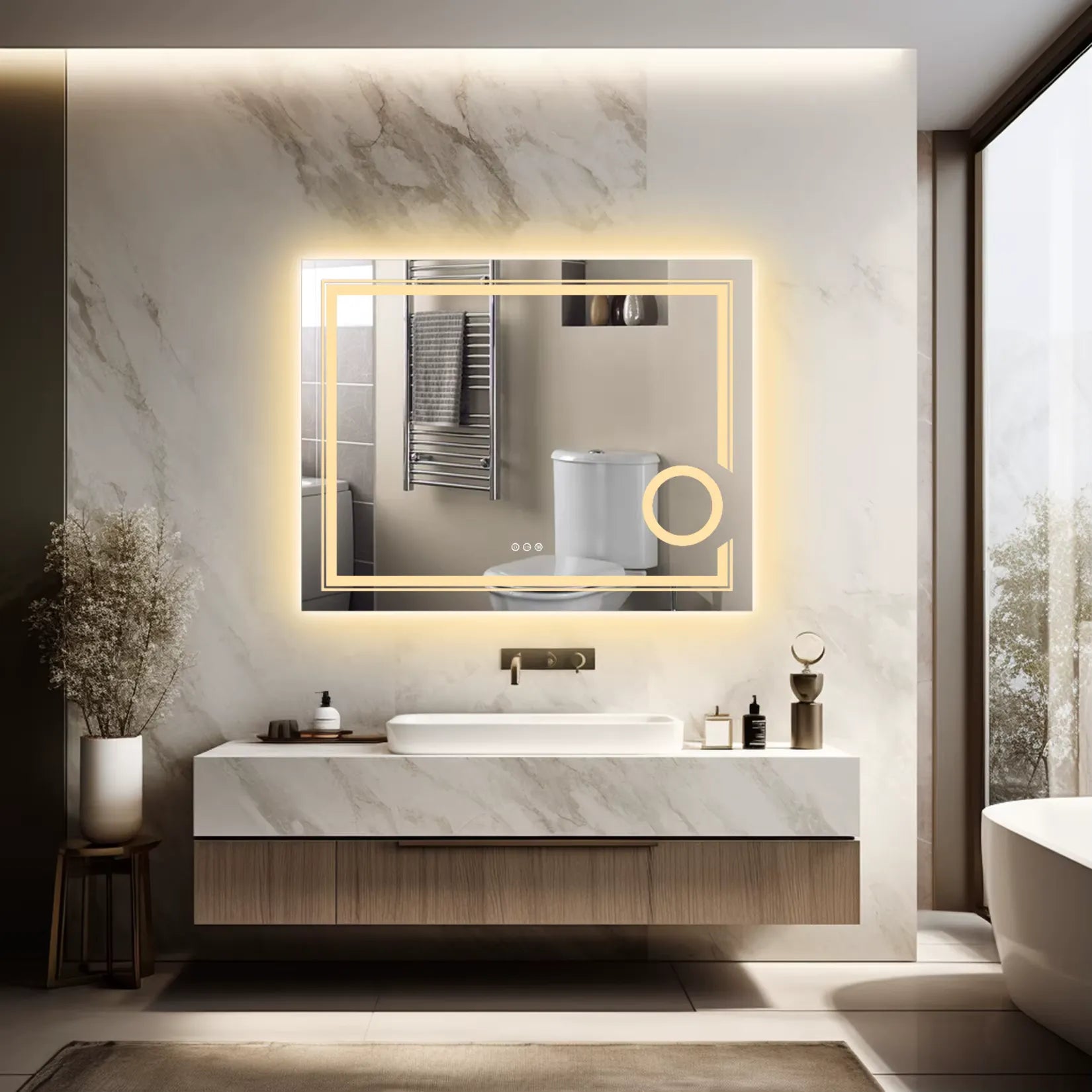 Miroir grossissant mural LED zone 3x éclairage blanc chaud salle de bain marbre.