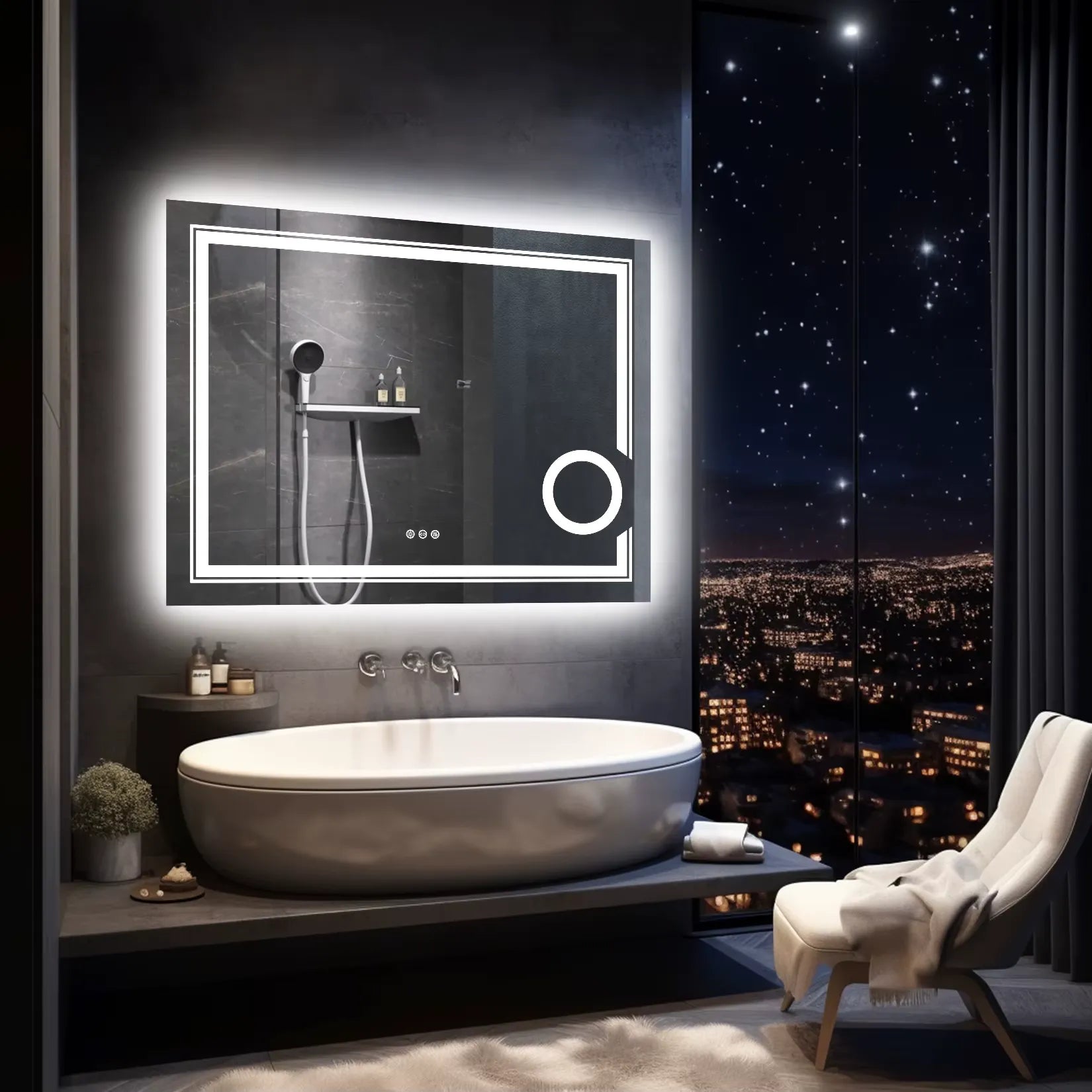 Miroir grossissant mural LED 80x60 cm éclairage blanc froid au-dessus d'une baignoire.