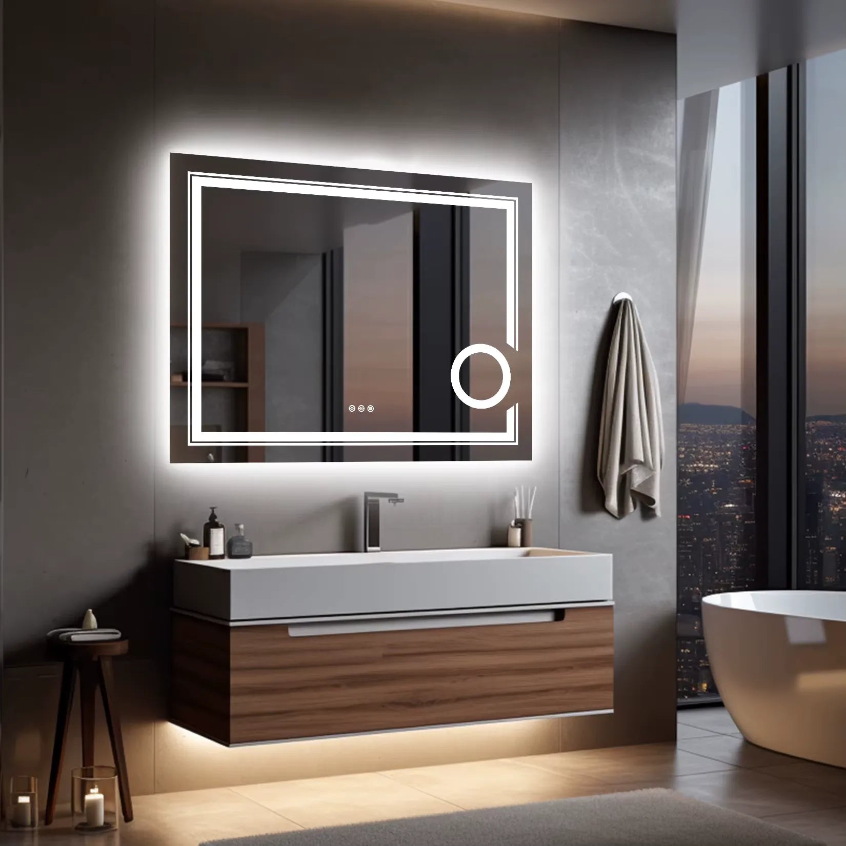 Miroir grossissant mural LED 80x60 cm au-dessus d'une vasque bois contemporain.