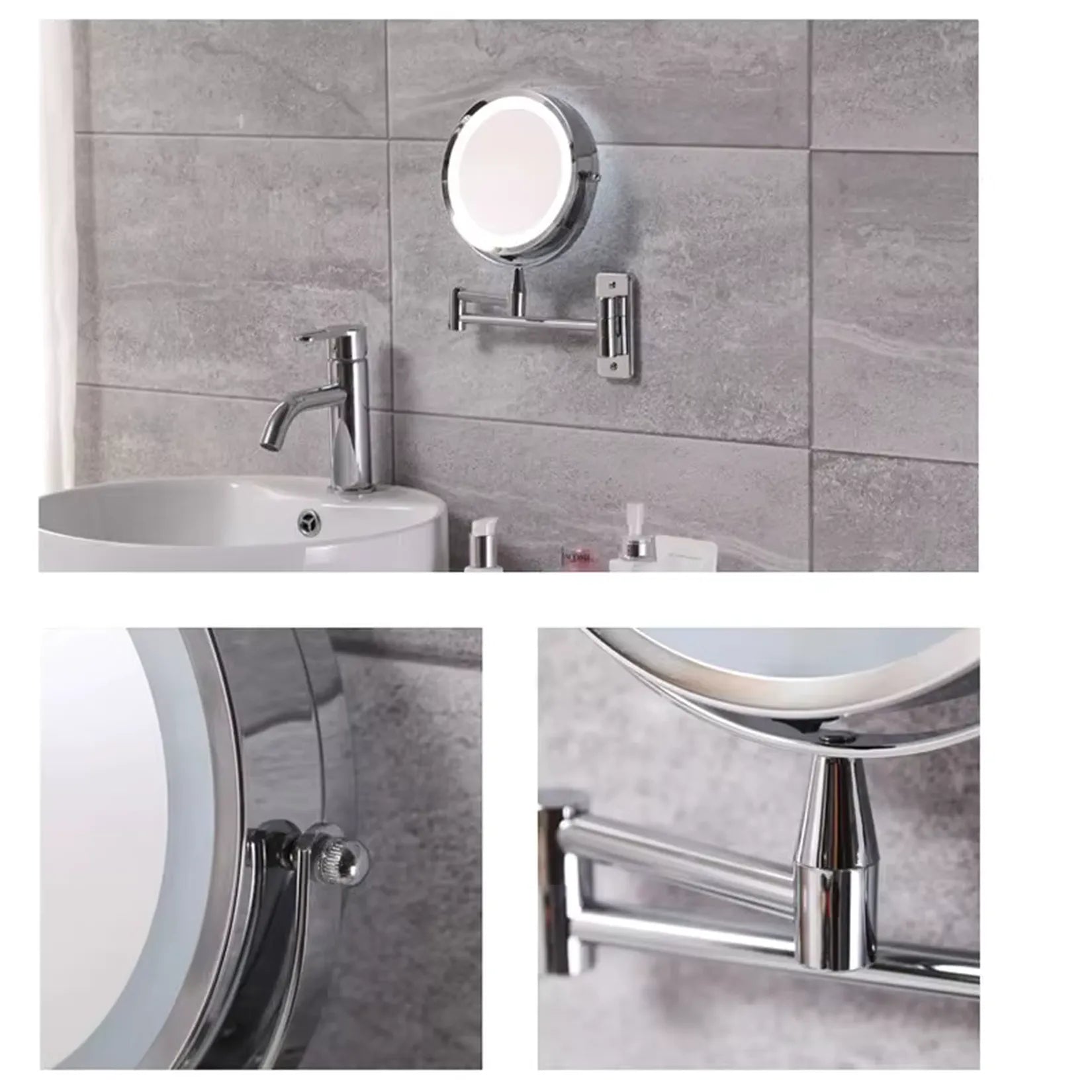 Miroir grossissant mural x10 LED installé dans une salle de bain.