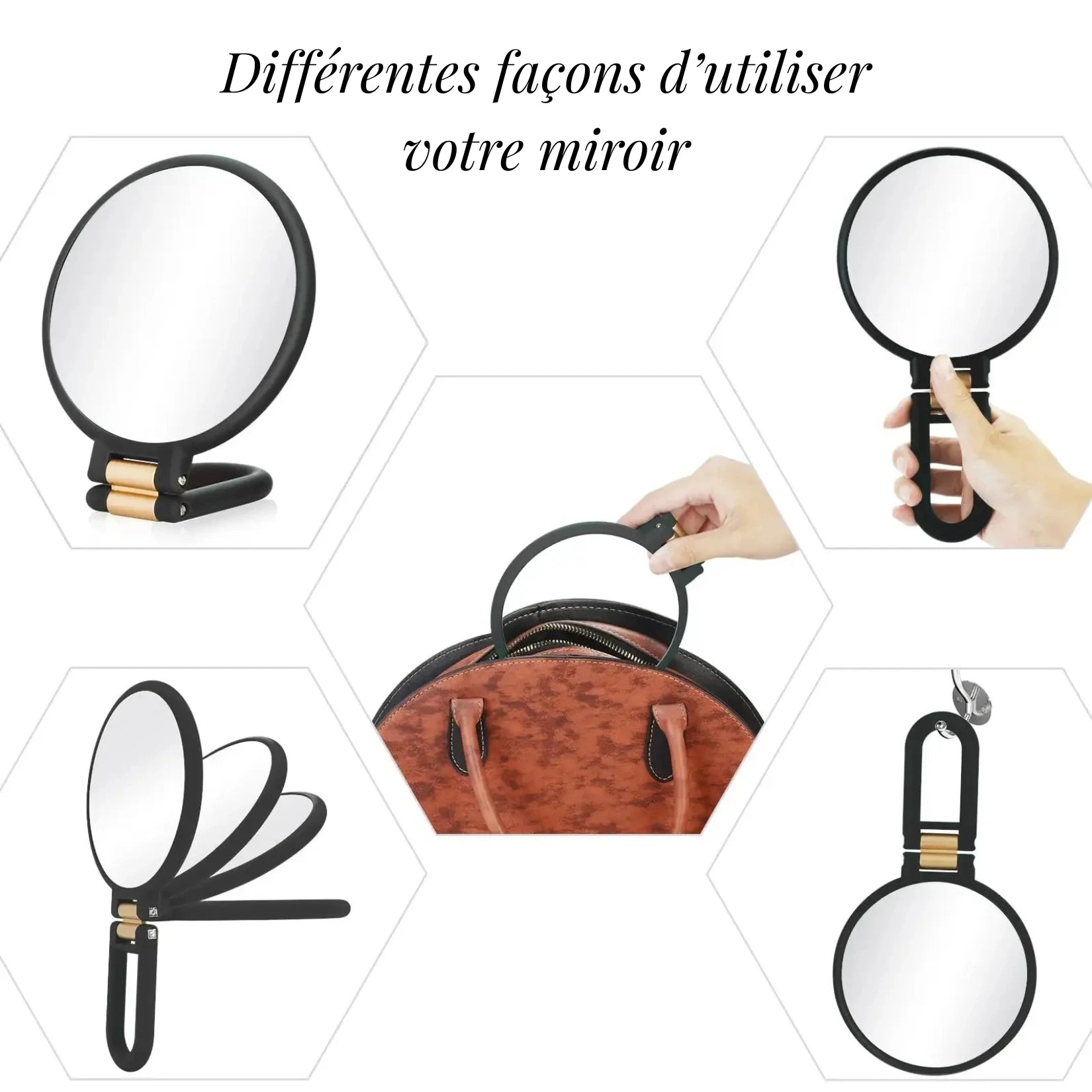 Miroir grossissant pour maquillage portable et suspendu, utilisations variées.