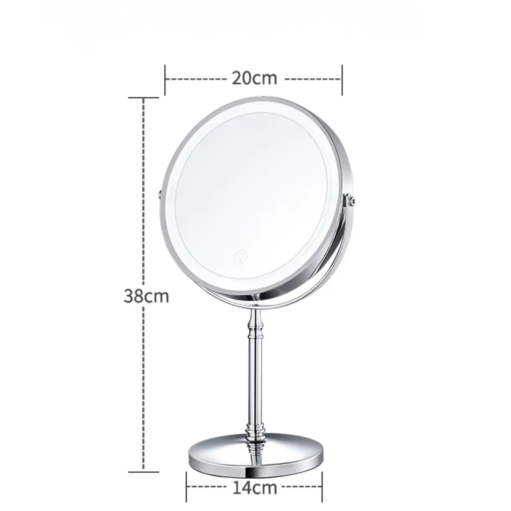 Dimensions du miroir grossissant sur pied x10 diamètre 20 cm hauteur 38 cm.