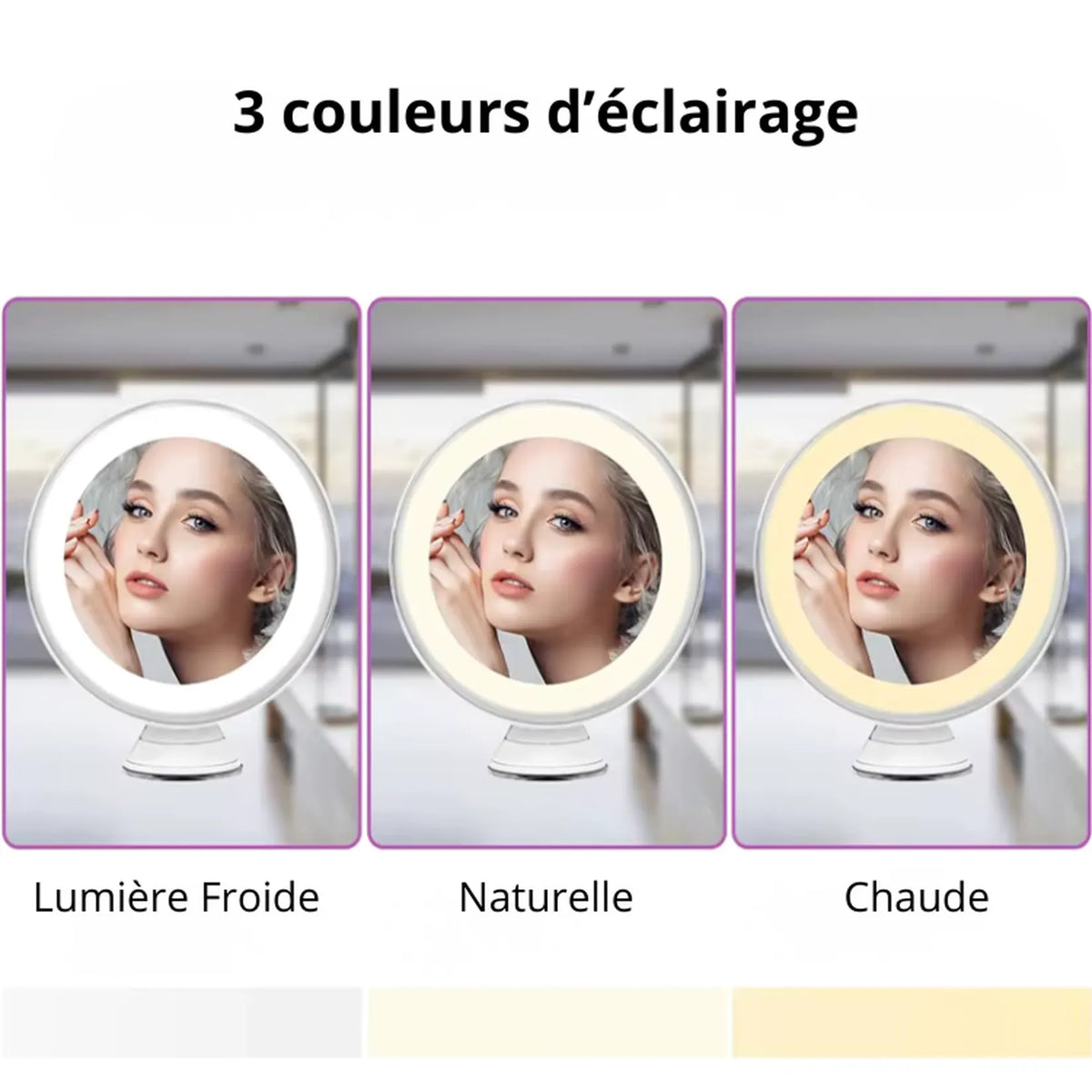 3 couleurs d'éclairage LED du miroir grossissant ventouse : lumière froide, naturelle et chaude.