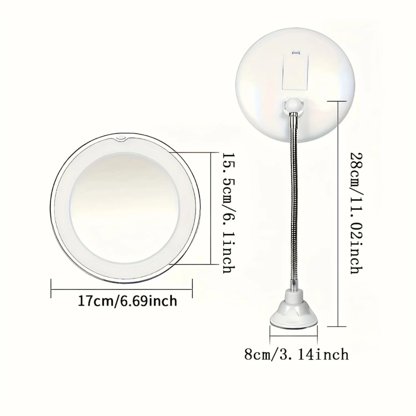 Dimensions précises du miroir grossissant ventouse avec LED et ventouse de fixation sécurisée.