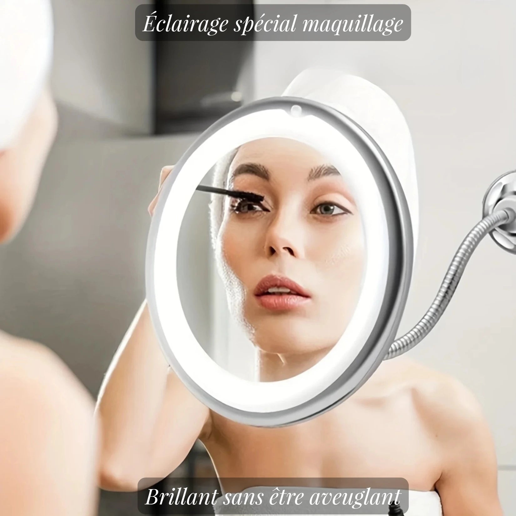 Miroir grossissant ventouse avec éclairage LED adapté au maquillage sans effet d'éblouissement.