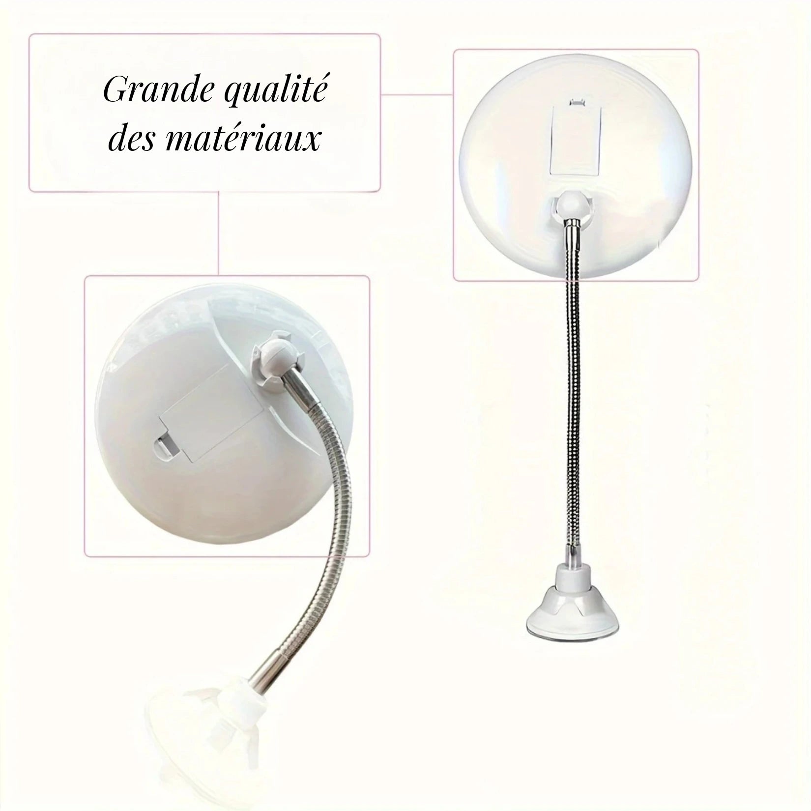 Vue arrière du miroir grossissant ventouse illustrant la grande qualité des matériaux de fabrication.