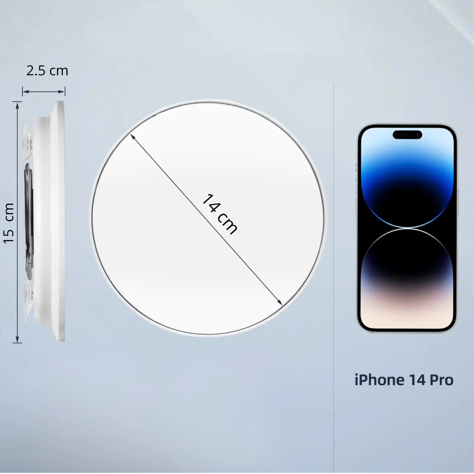 Miroir grossissant x20 chromé — diamètre utile 14 cm, hauteur 15 cm et épaisseur 2,5 cm, comparaison avec iPhone 14 Pro.