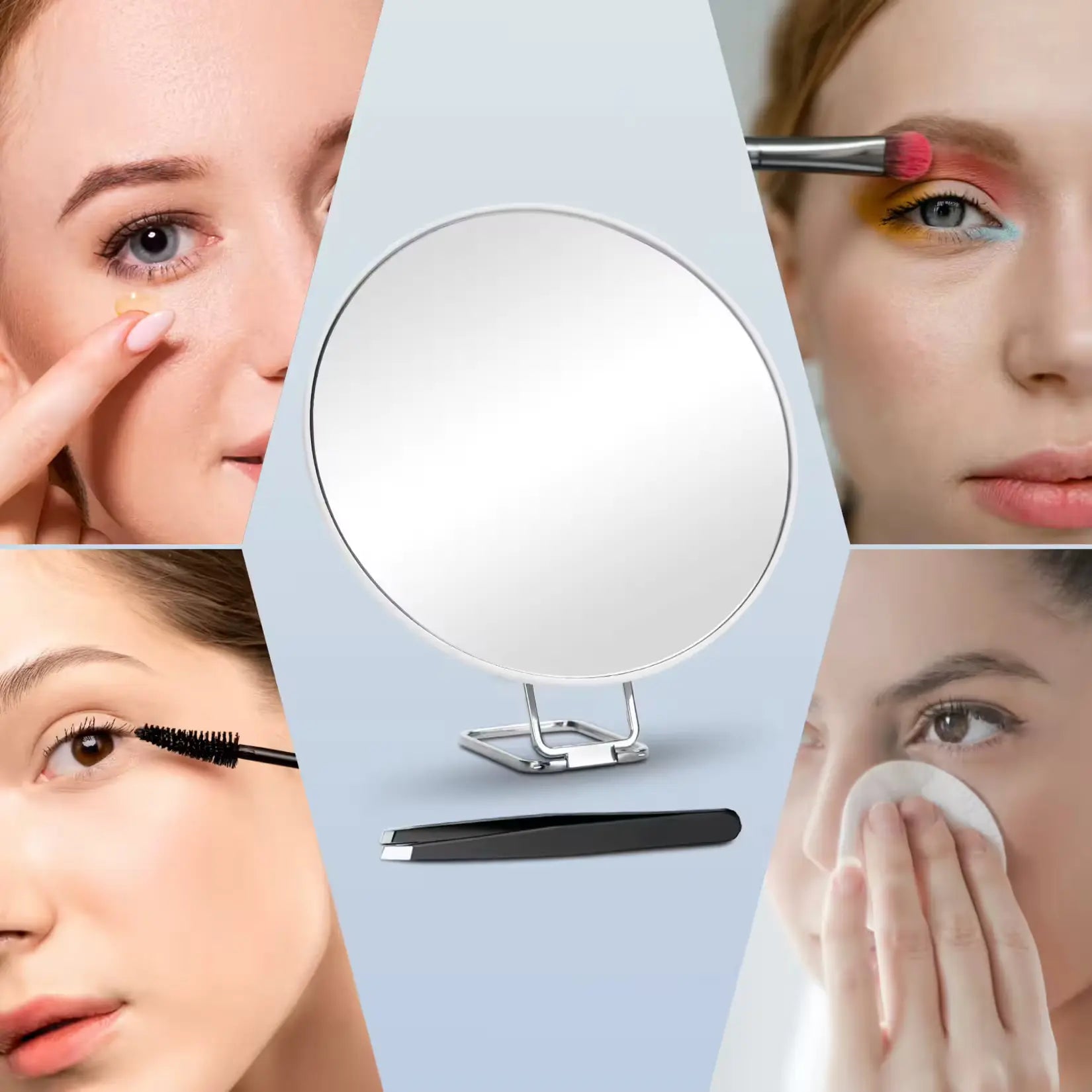 Scènes d’utilisation du miroir grossissant x20 chromé : maquillage des yeux, pose de lentilles, épilation et soins du visage.
