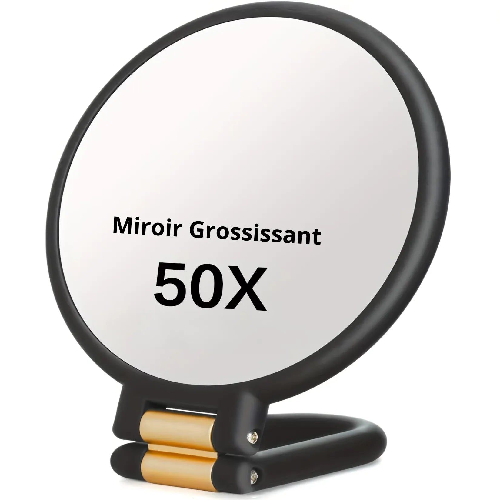 Miroir grossissant x50 noir et doré présenté sur son socle pliable.