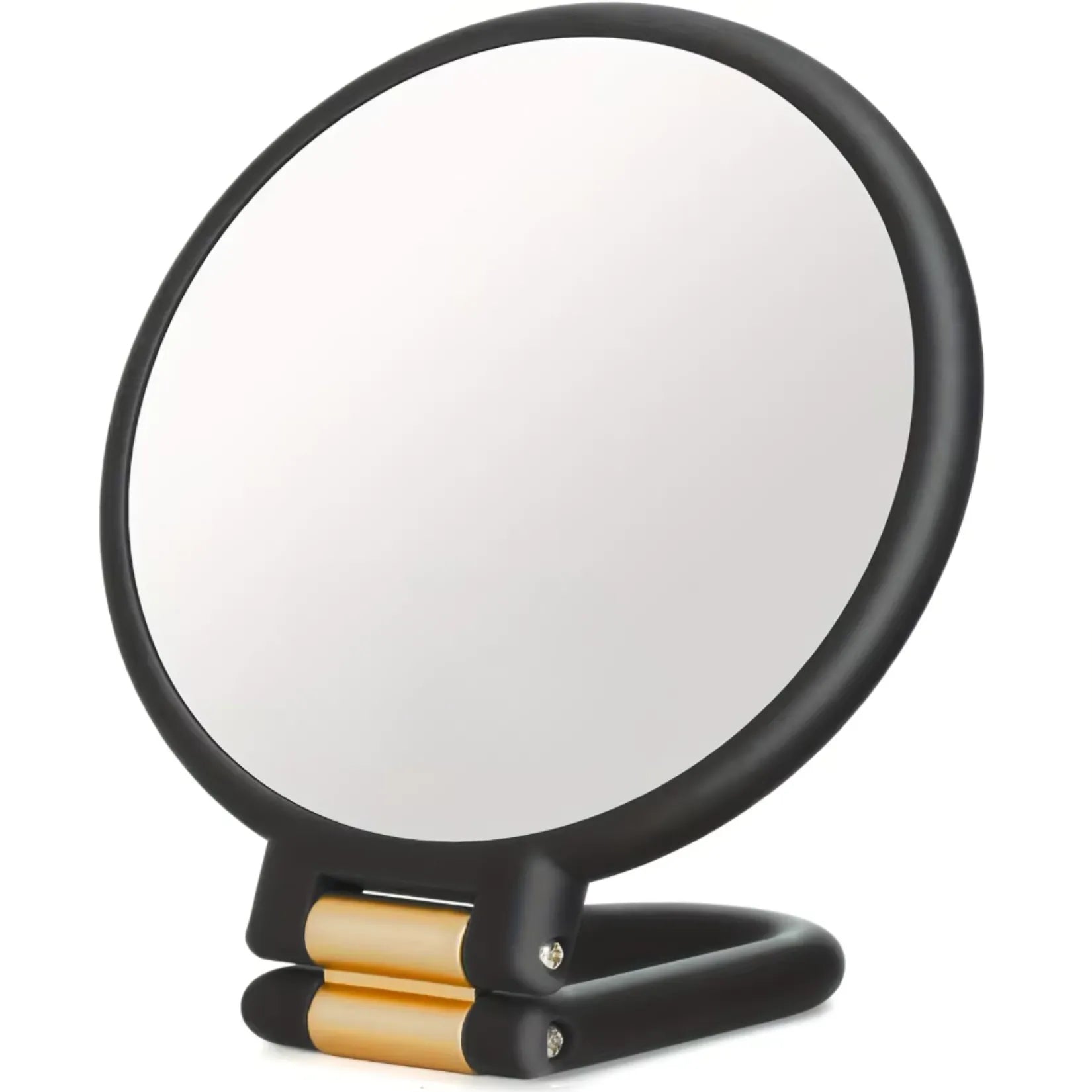Vue produit du miroir grossissant x50 sur socle, cadre noir et charnières dorées.