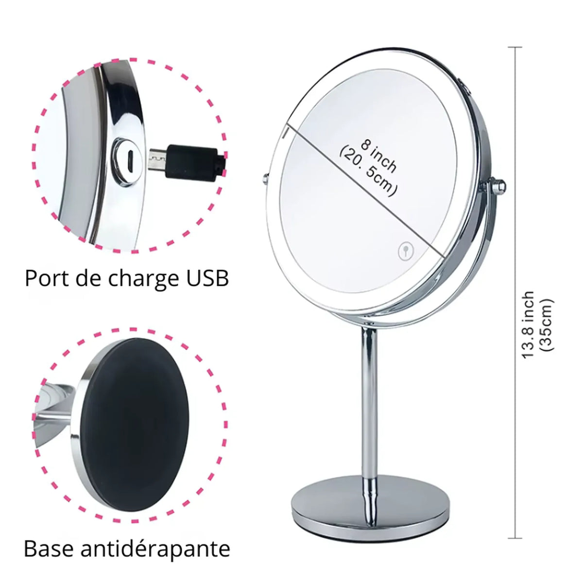 Dimensions du miroir grossissant x7 : glace Ø 20,5 cm, hauteur 35 cm.