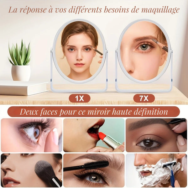 Miroir grossissant x7 avec double face, idéal pour un maquillage précis.
