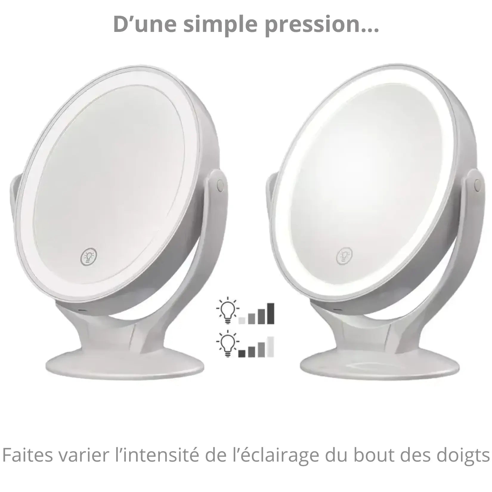 Miroir grossissant x7 avec éclairage LED réglable par bouton tactile.