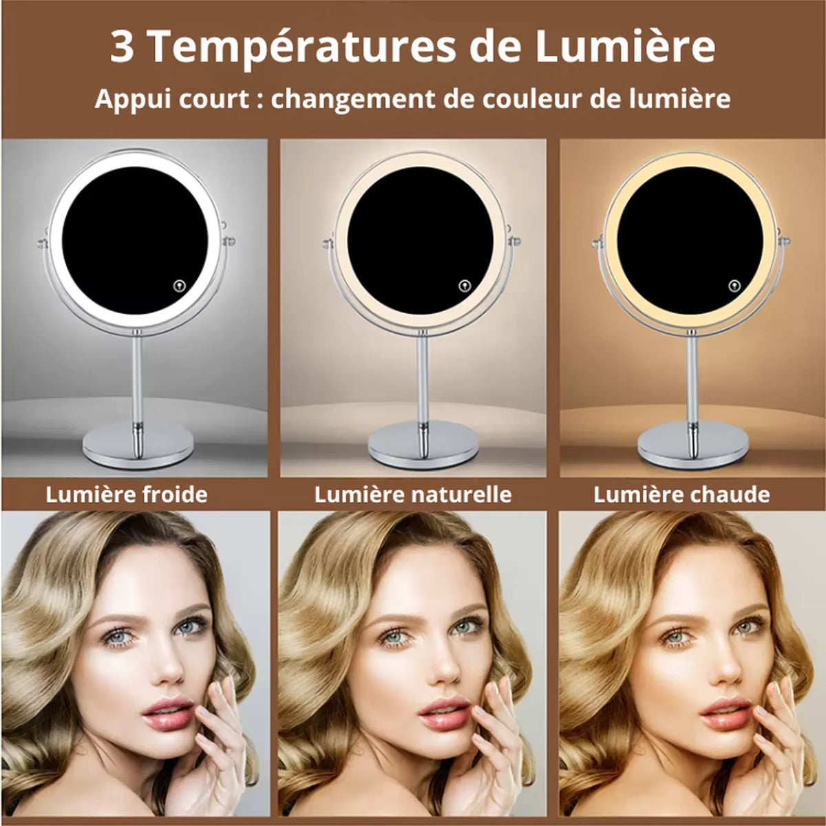 Miroir grossissant x7 avec 3 températures de lumière LED : froide, naturelle, chaude.