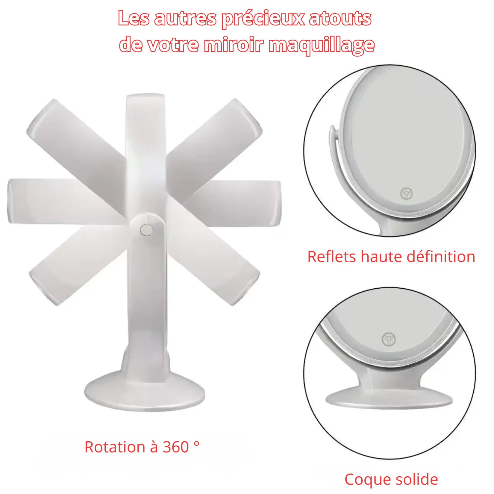 Miroir grossissant x7 avec rotation 360° et reflets haute définition.