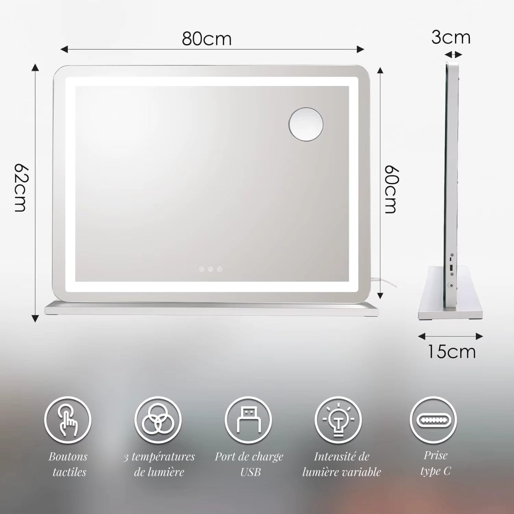 Dimensions du Miroir Hollywood 80x60 cm avec éclairage LED et ports USB.