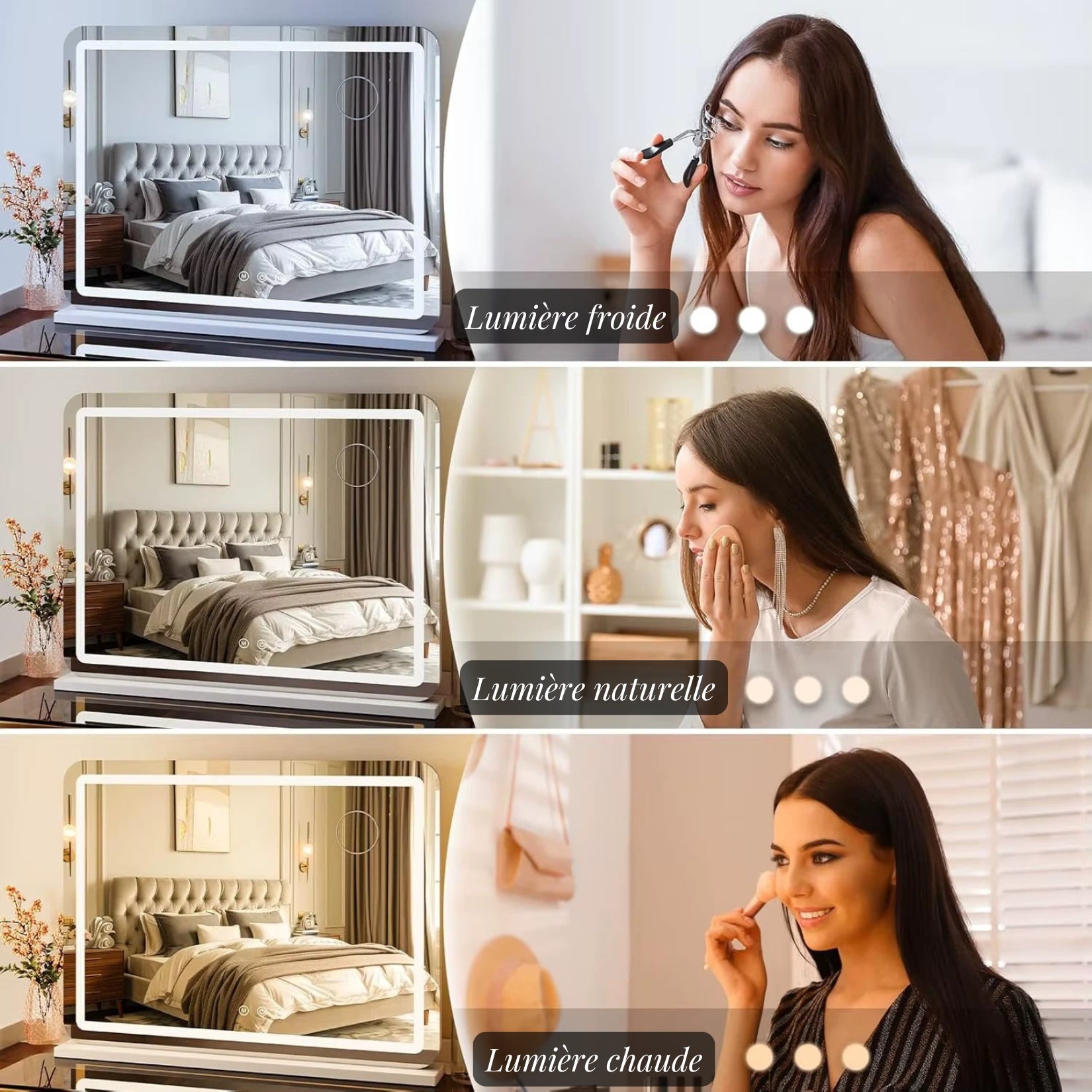 Différentes températures de lumière du Miroir Hollywood 80x60 cm : lumière froide, naturelle et chaude.