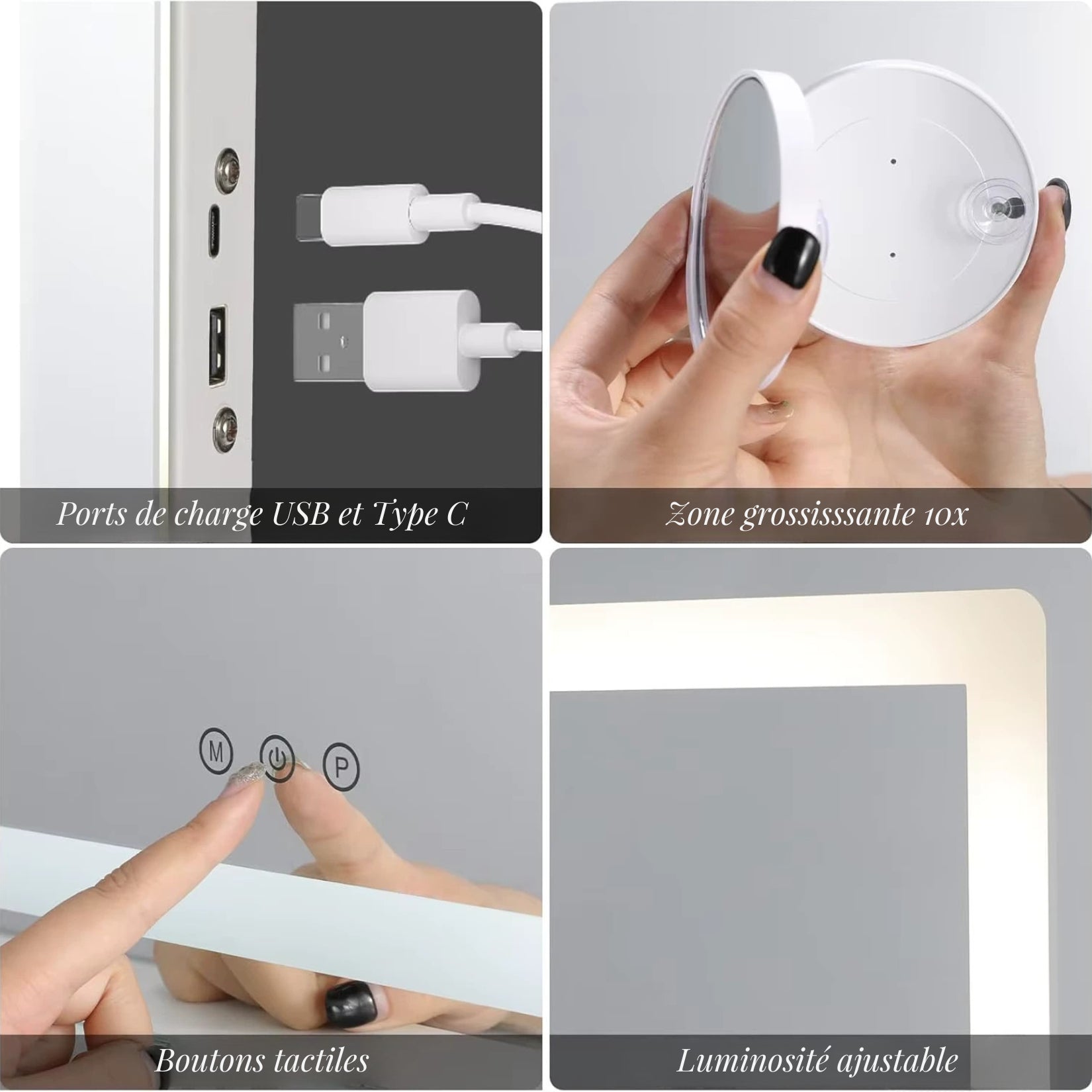 Gros plan sur les fonctionnalités du Miroir Hollywood 80x60 cm : boutons tactiles, ports USB et miroir grossissant 10x.
