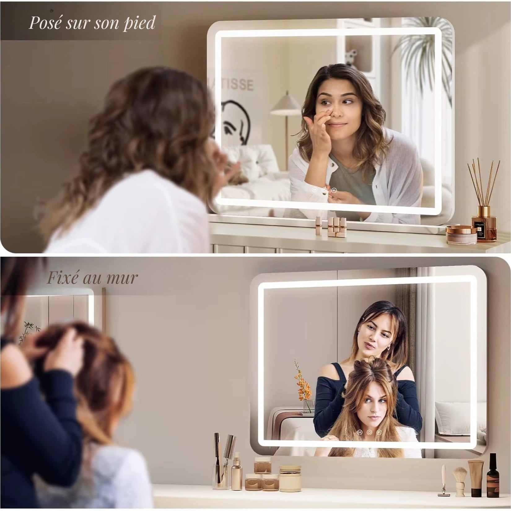 Installation flexible du Miroir Hollywood 80x60 cm : fixation murale ou pose sur pied.