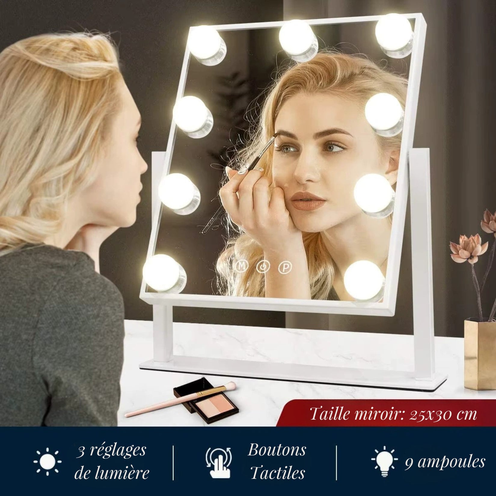 Miroir Hollywood pas cher avec éclairage LED pour un maquillage précis.