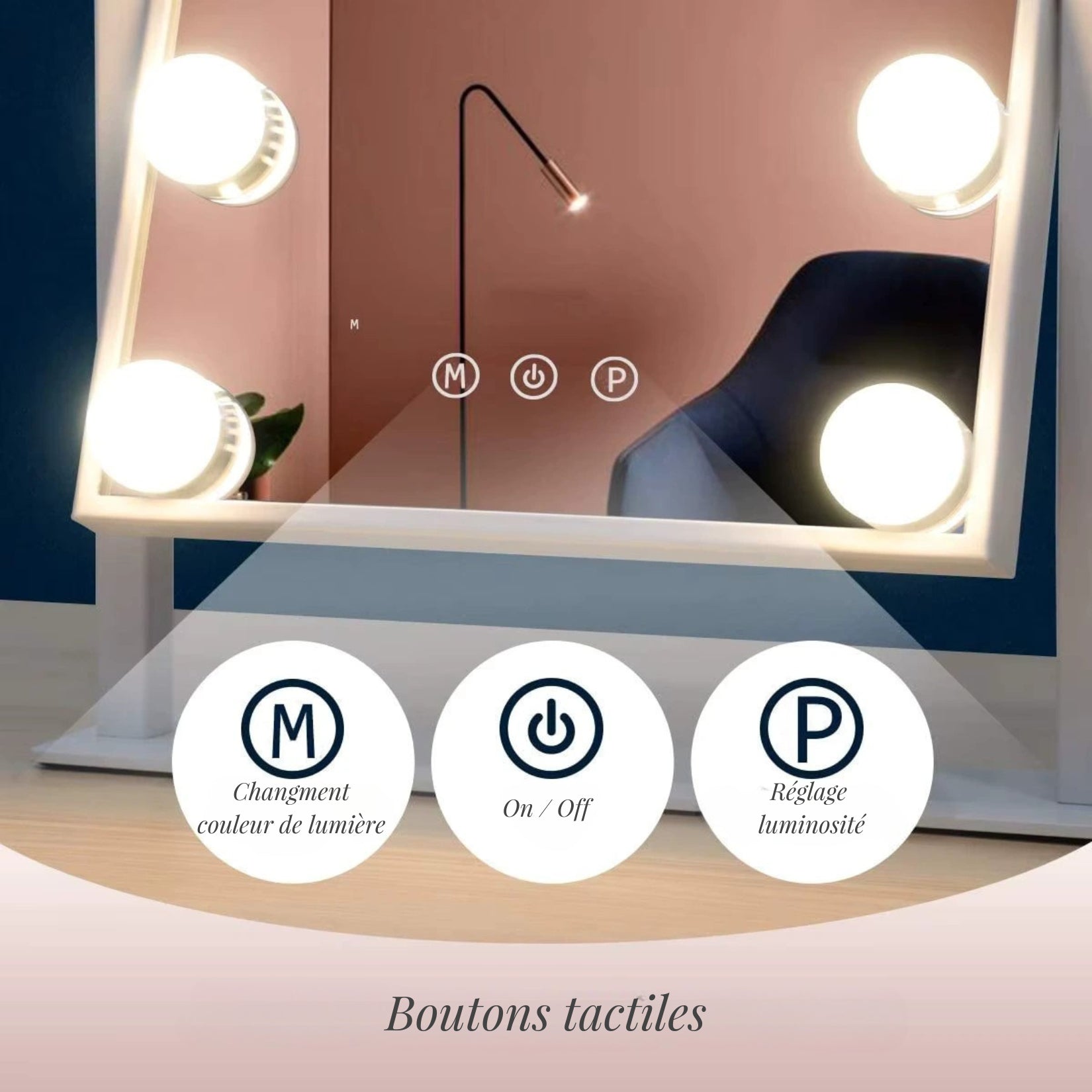 Miroir Hollywood pas cher avec fonctionnalités avancées et ampoules LED.