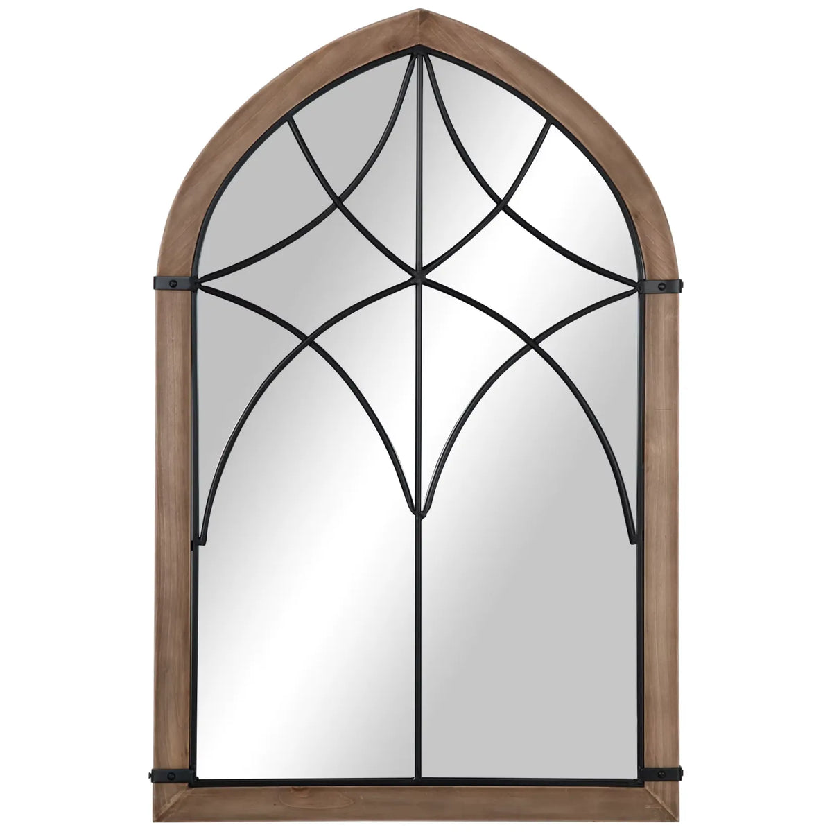 Miroir industriel bois et métal au design arche avec croisillons métalliques décoratifs.