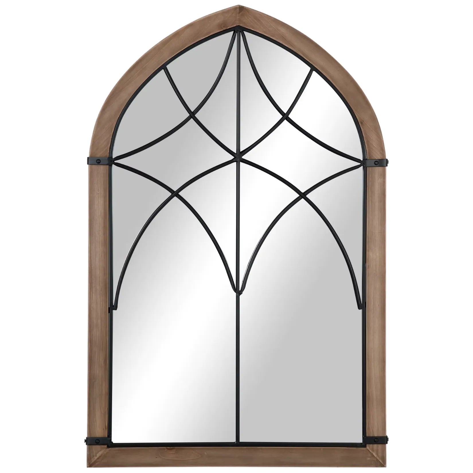 Miroir industriel bois et métal au design arche avec croisillons métalliques décoratifs.