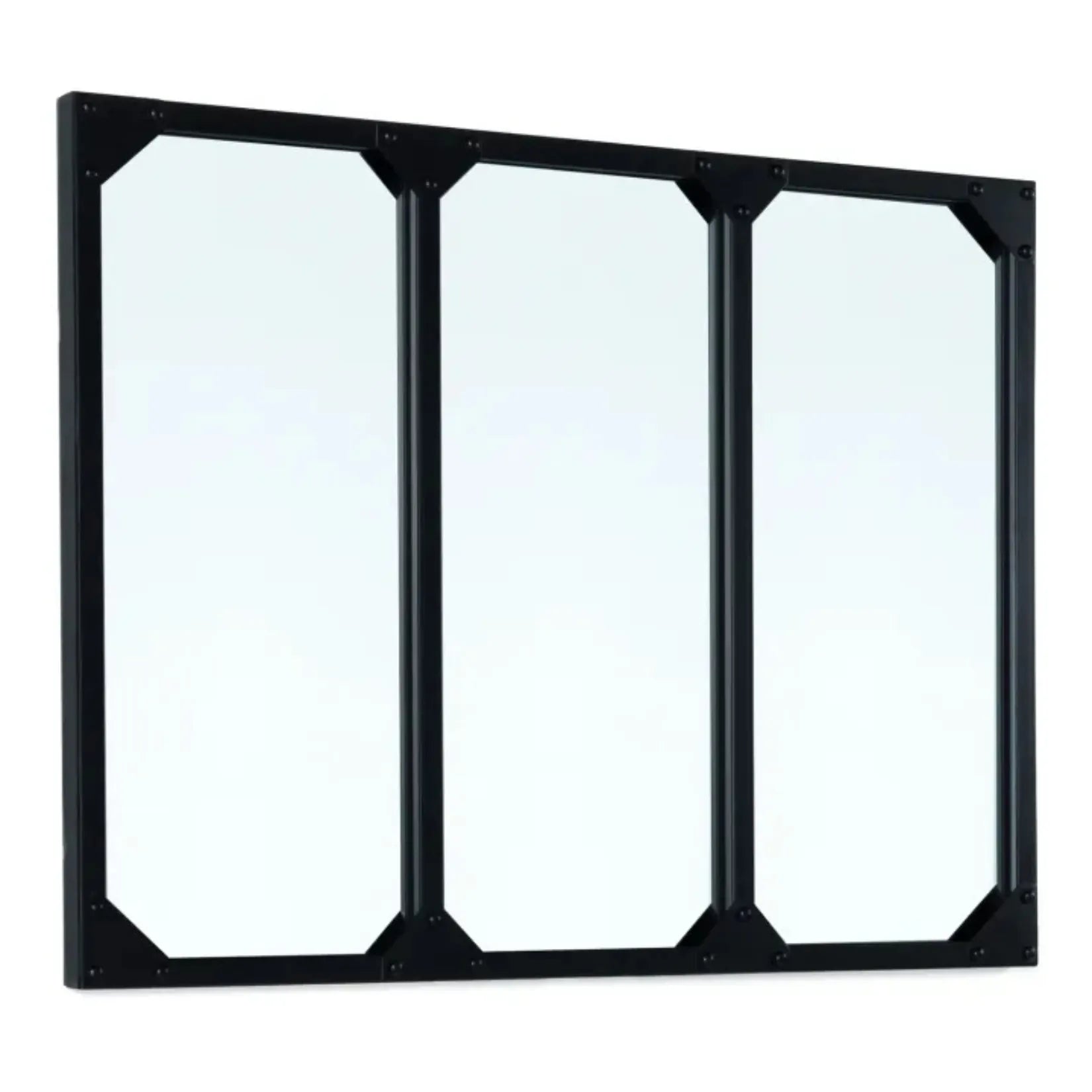 Détail du cadre triangulaire noir du miroir industriel en métal.