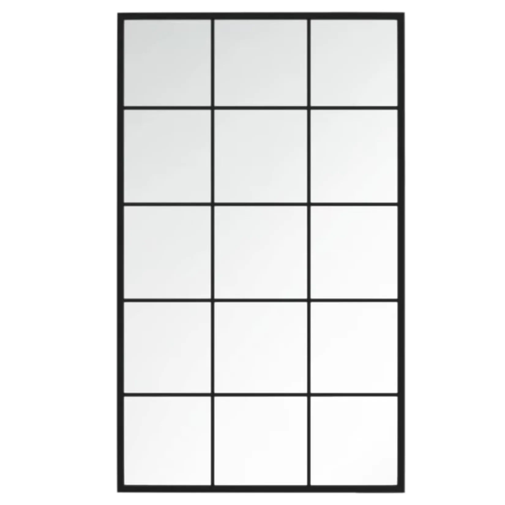 Miroir industriel noir en vue frontale avec cadre métal et carreaux.