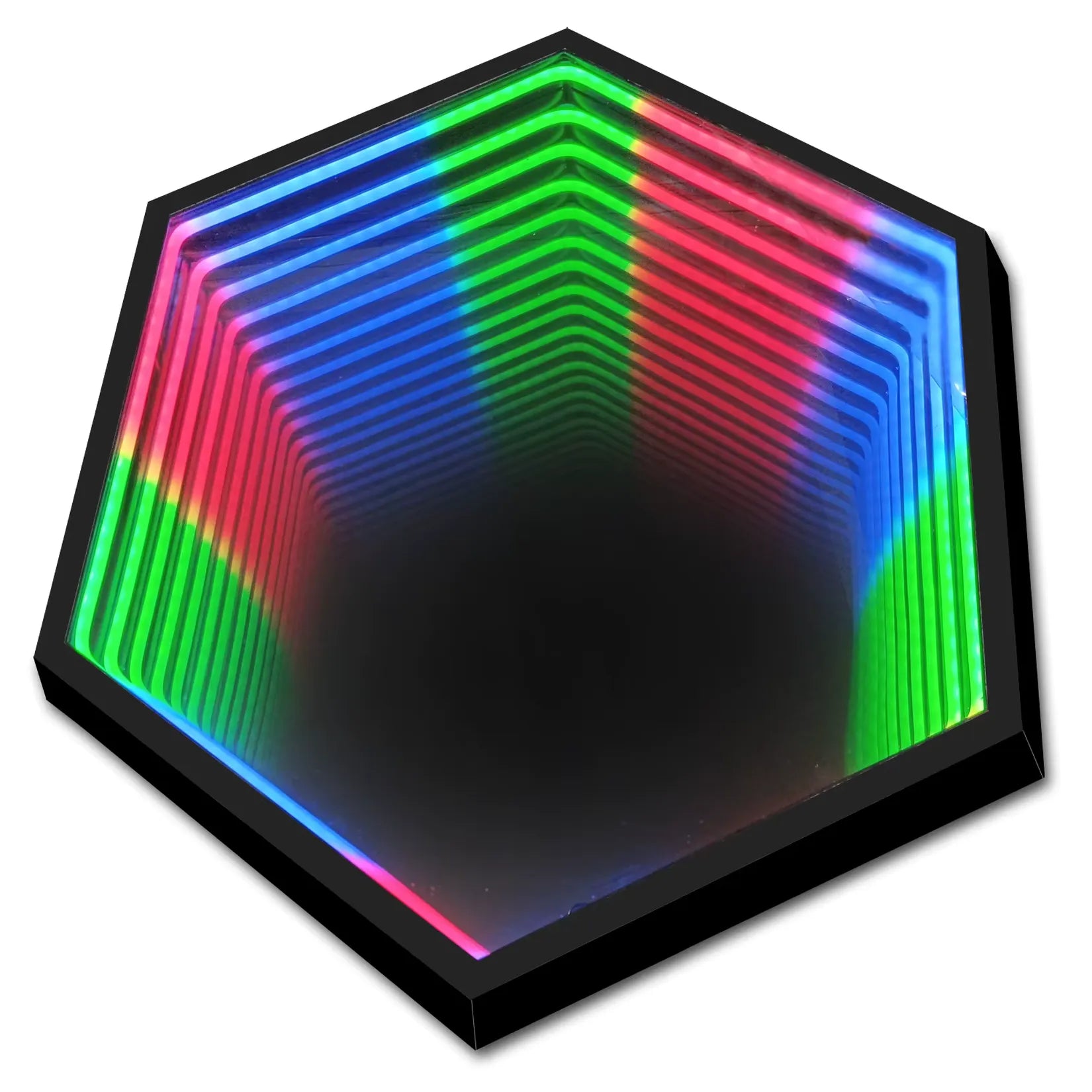 Miroir infini LED hexagonal 90x90 cm – vue 3/4 effet profondeur RVB.