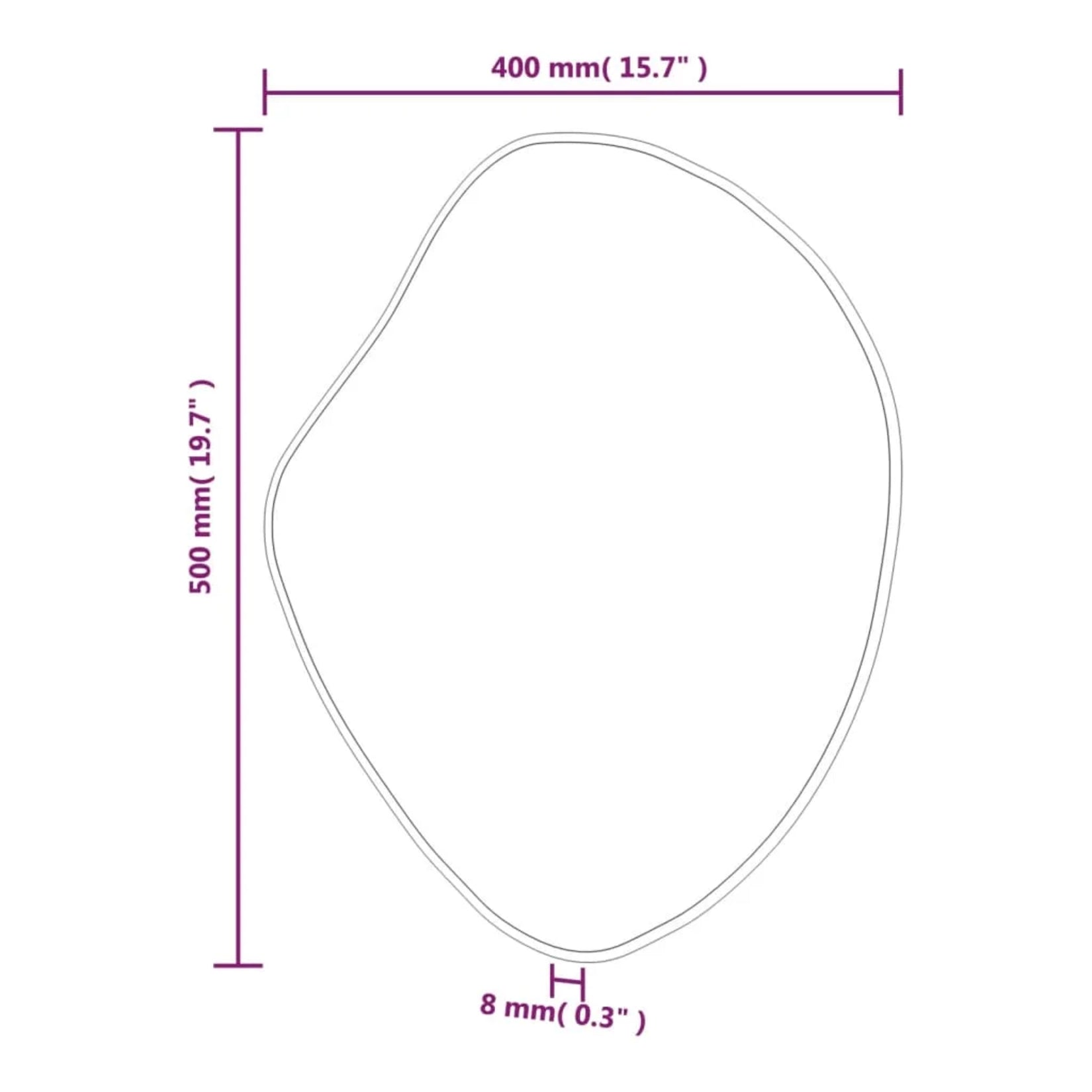 Schéma des dimensions du miroir irrégulier doré 50 x 40 cm.