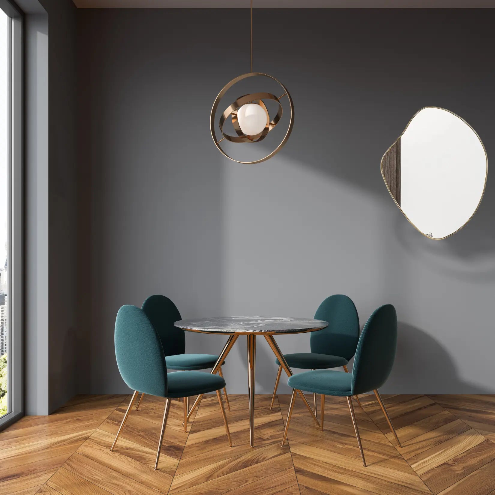 Miroir irrégulier doré design mural décorant une salle à manger contemporaine.