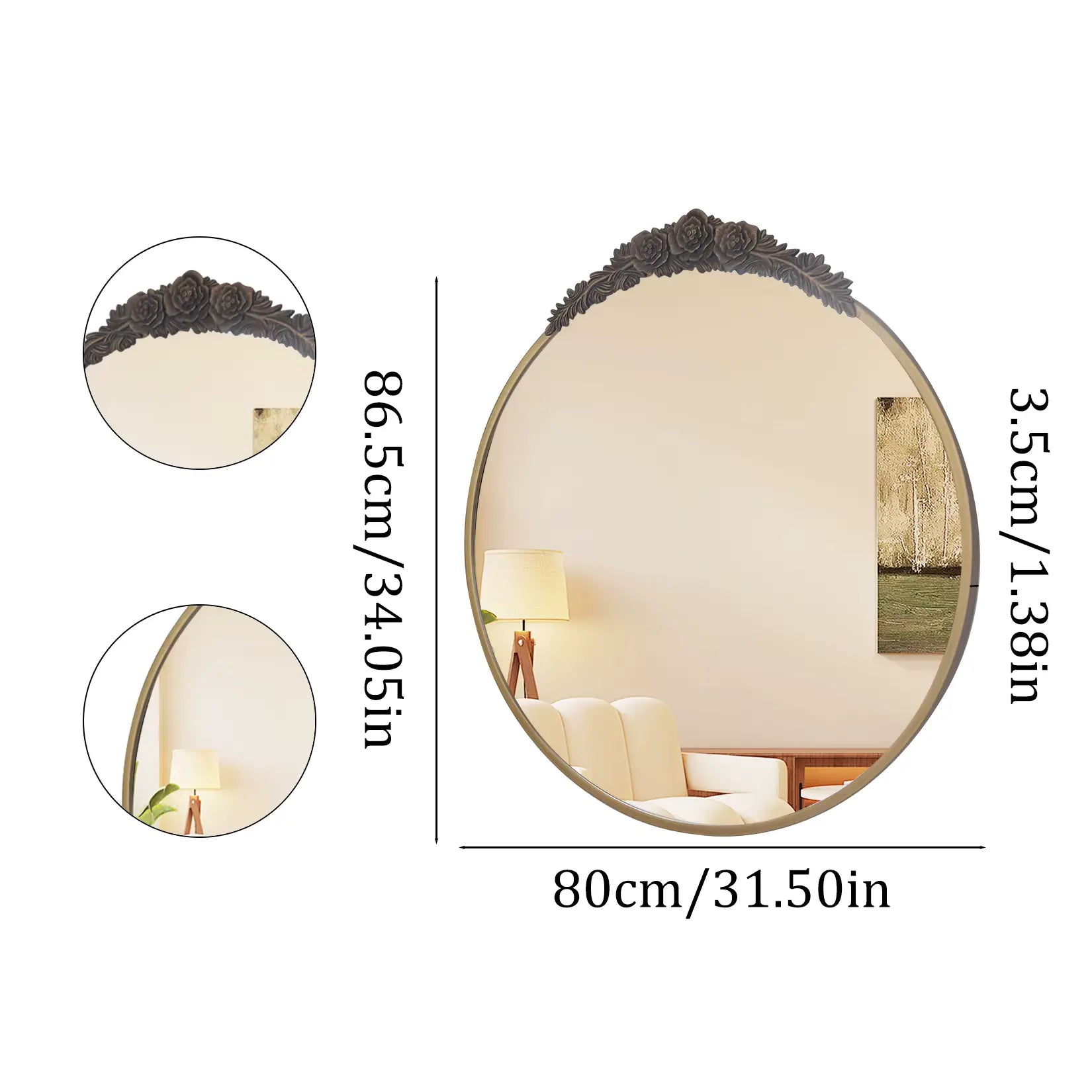 Miroir laiton rond baroque 80cm avec annotations dimensions et détails fronton roses.