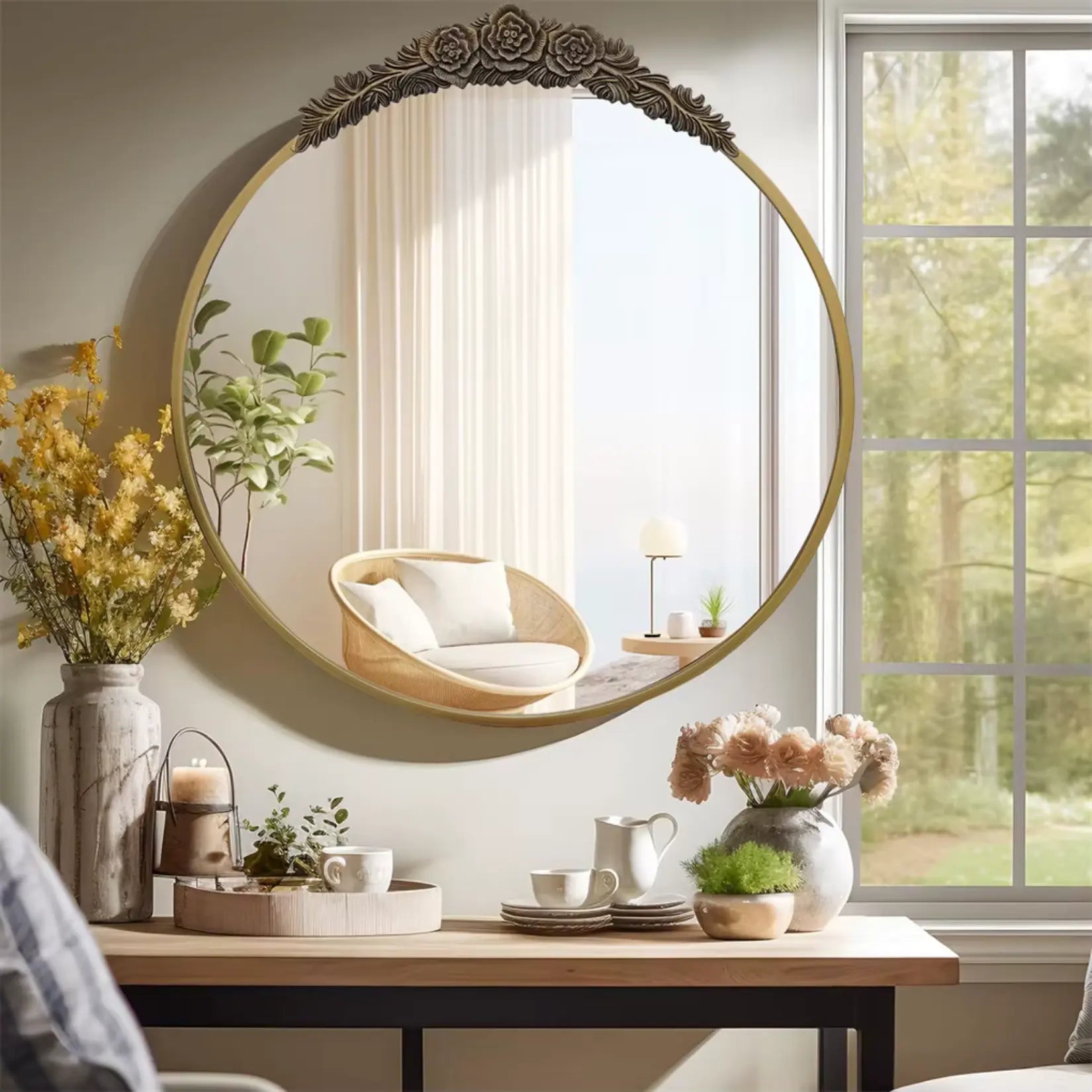 Miroir laiton rond baroque 80cm dans salon lumineux avec décoration florale élégante.