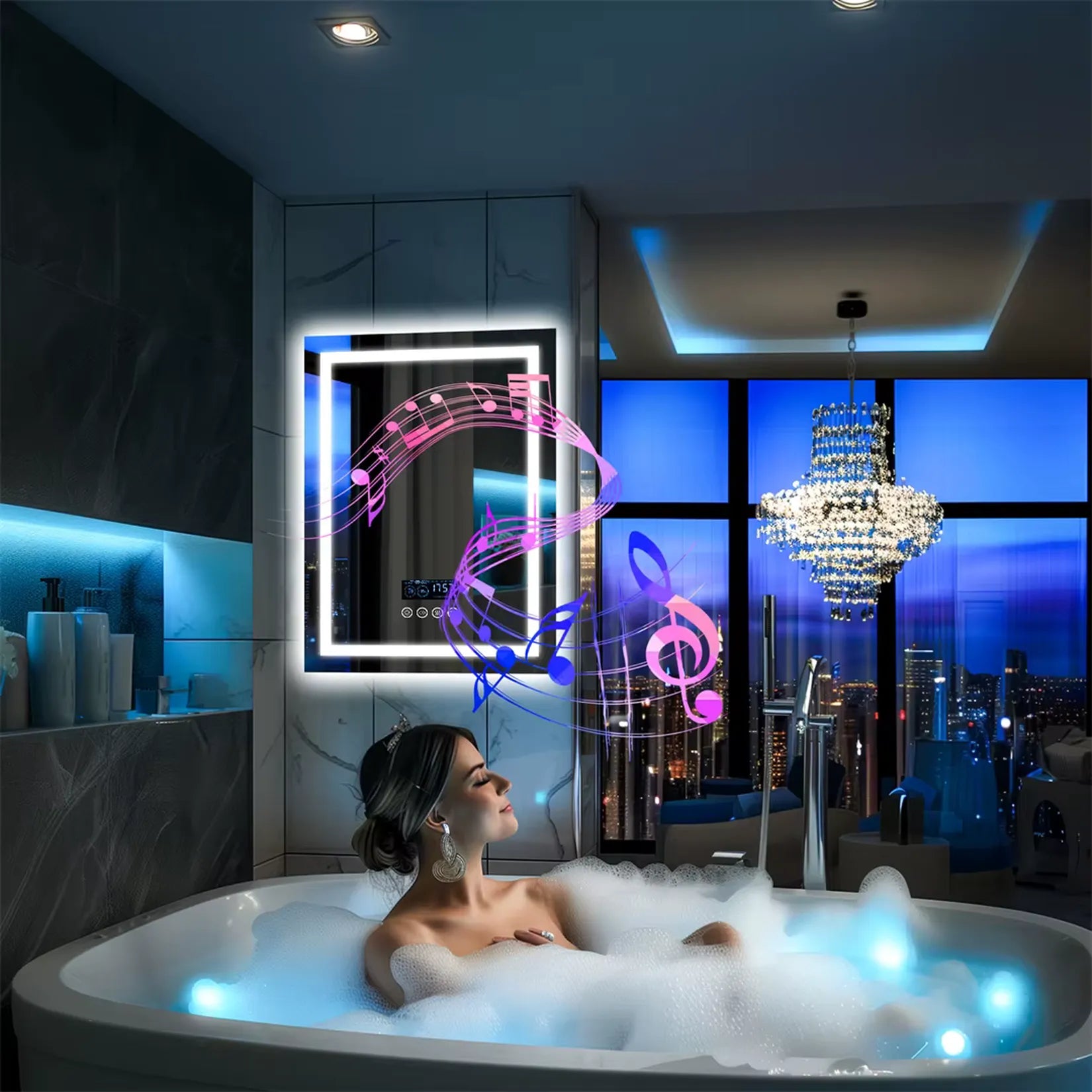 Miroir LED Bluetooth en ambiance salle de bain baignoire éclairage bleu.
