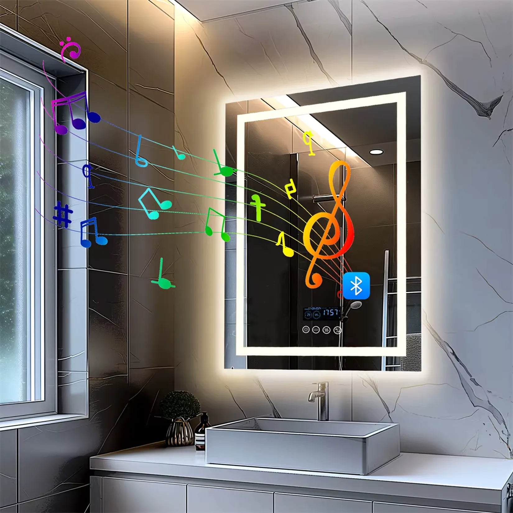 Miroir LED Bluetooth rétroéclairé au-dessus d'une vasque moderne.