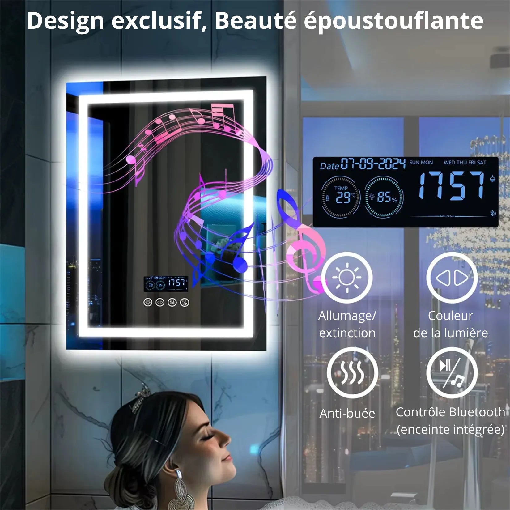 Miroir LED Bluetooth salle de bain avec rétroéclairage et écran LCD.