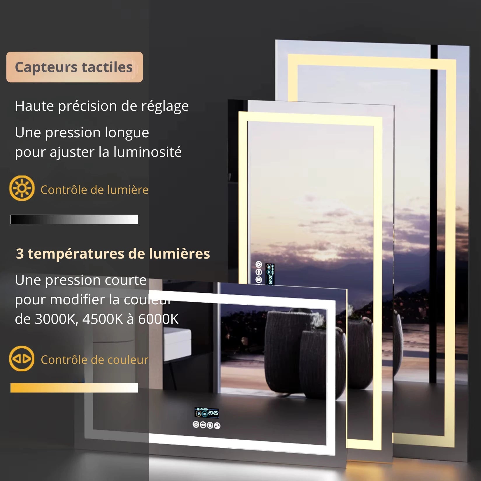 Visuel des capteurs tactiles du miroir LED et des trois températures de lumière réglables.