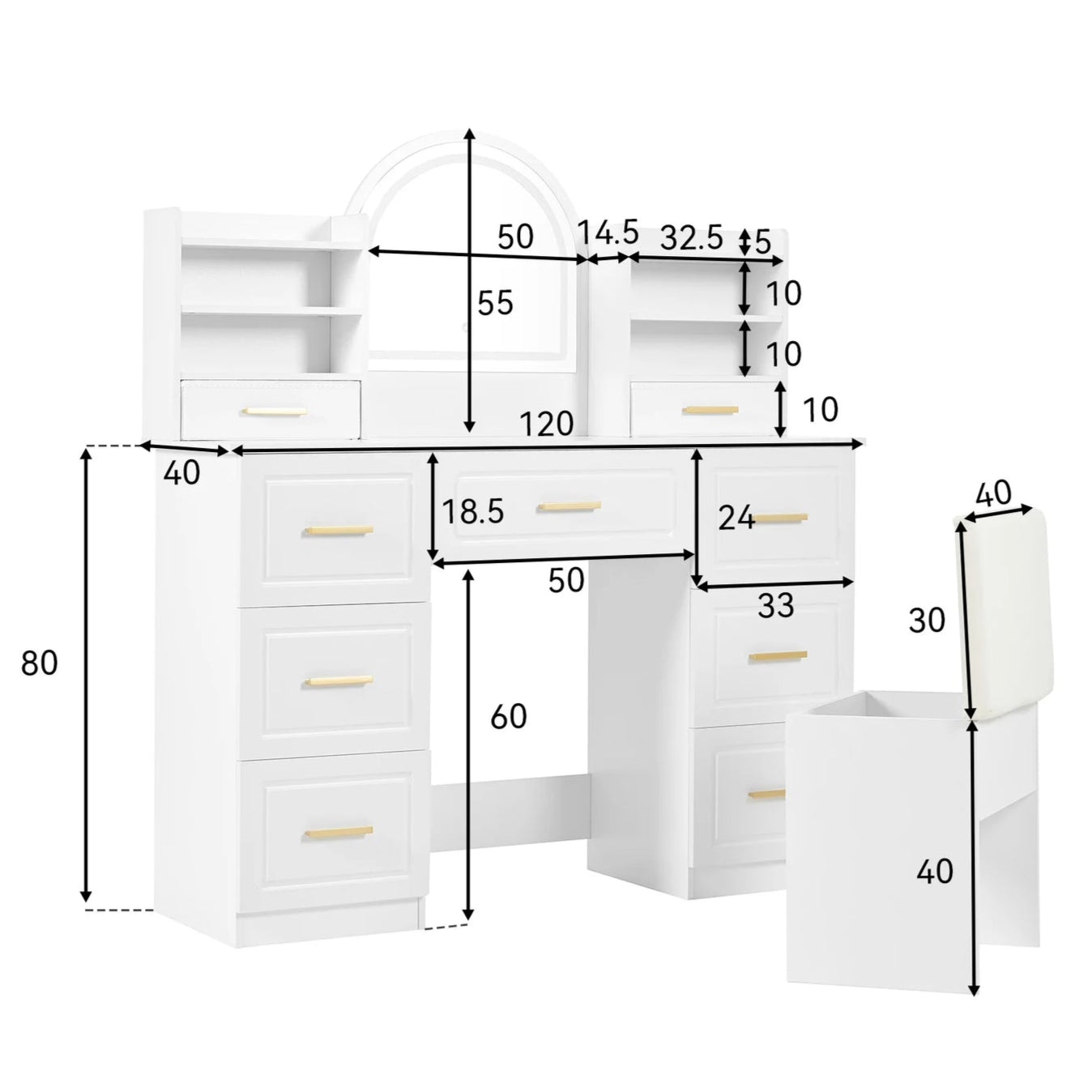 Schéma des dimensions complètes de la coiffeuse avec miroir LED, tabouret inclus.