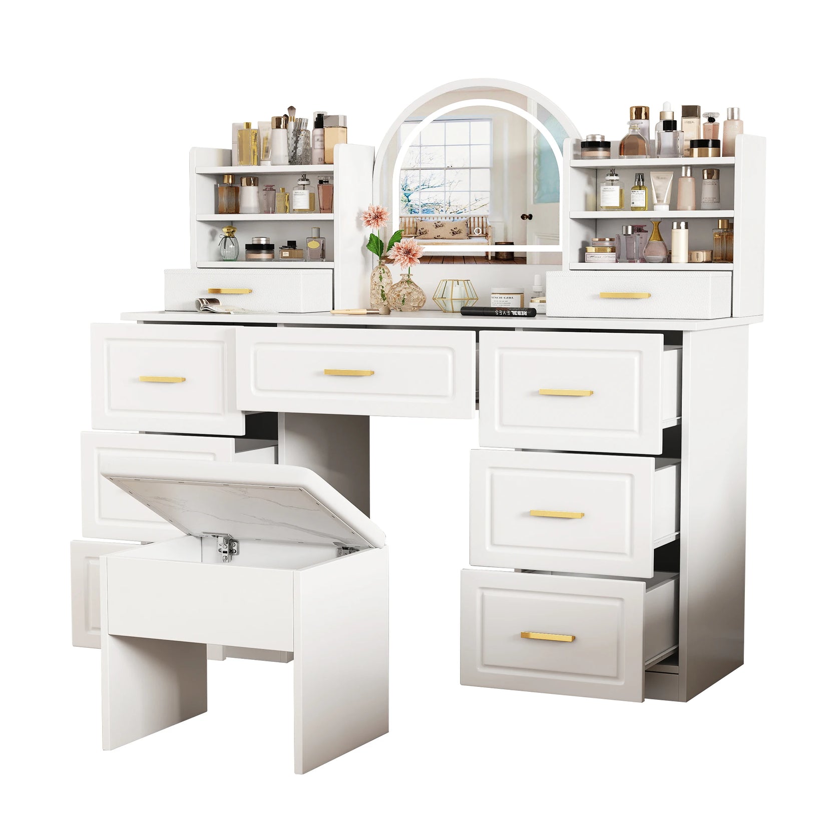 Miroir LED Coiffeuse vue de profil montrant tous les espaces de rangement grande capacité ouverts.