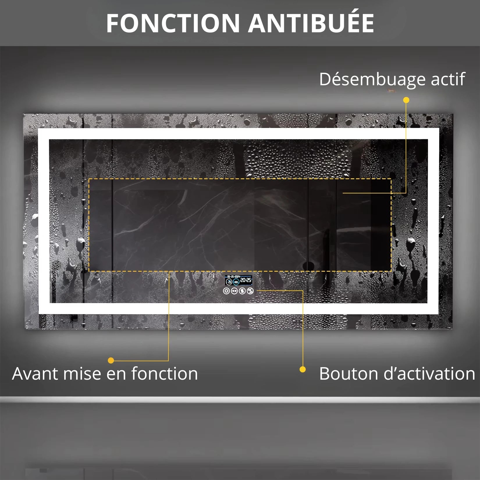 Visuel de la fonction antibuée du miroir LED avec zone de désembuage active.