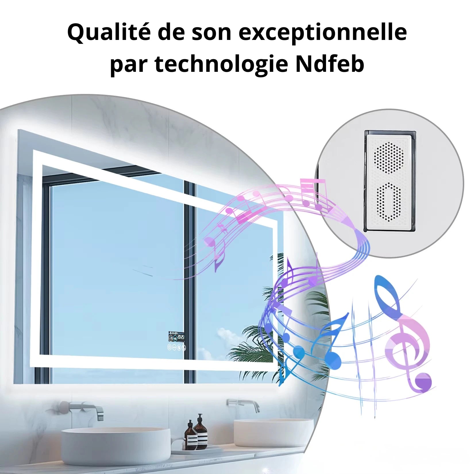Miroir LED avec haut-parleur Bluetooth NdFeB et notes de musique illustrant la qualité sonore.