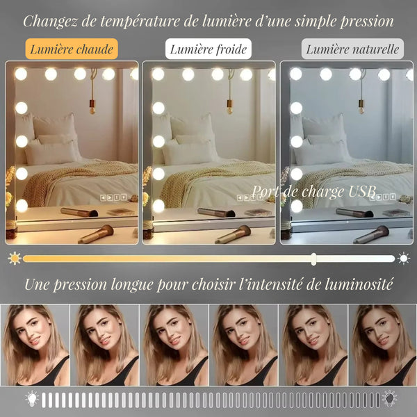 Miroir LED Maquillage avec éclairage réglable et trois températures de lumière