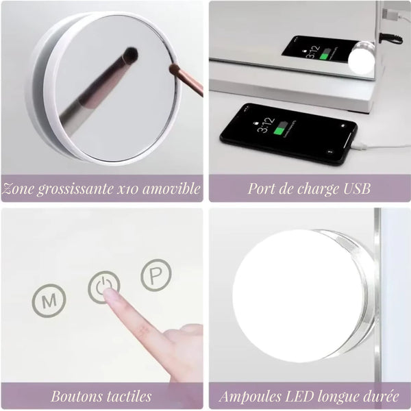 Miroir LED Maquillage avec zone grossissante X10 et port de charge USB