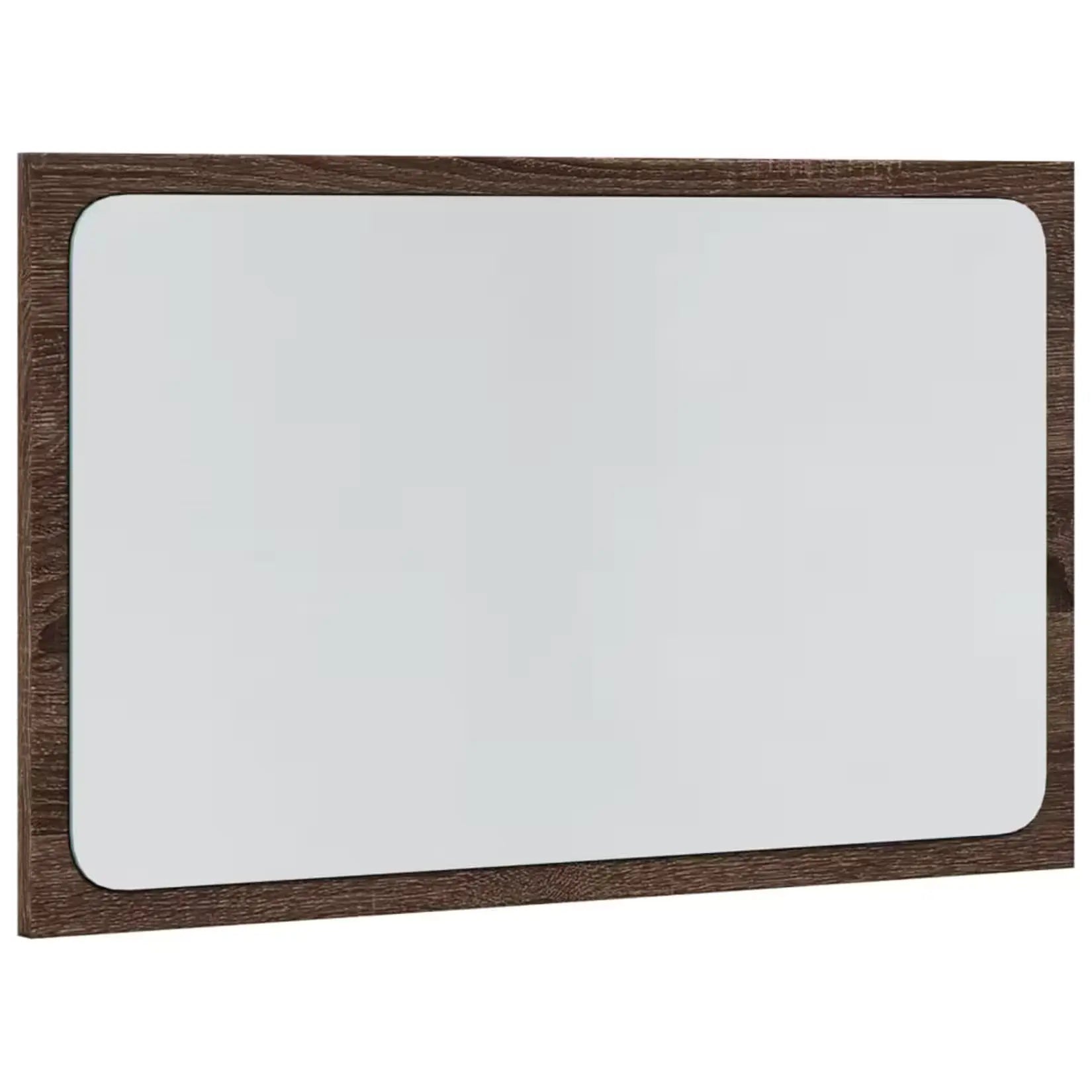 Gros plan sur le cadre en bois d’ingénierie chêne marron d’un miroir LED rectangulaire.