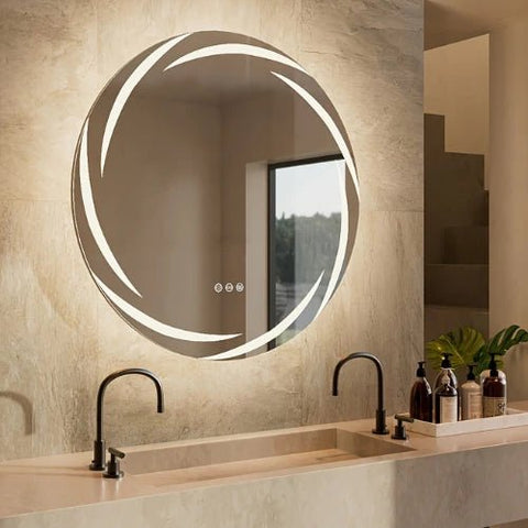 Miroir rond LED 80 cm au-dessus d'une double vasque moderne.