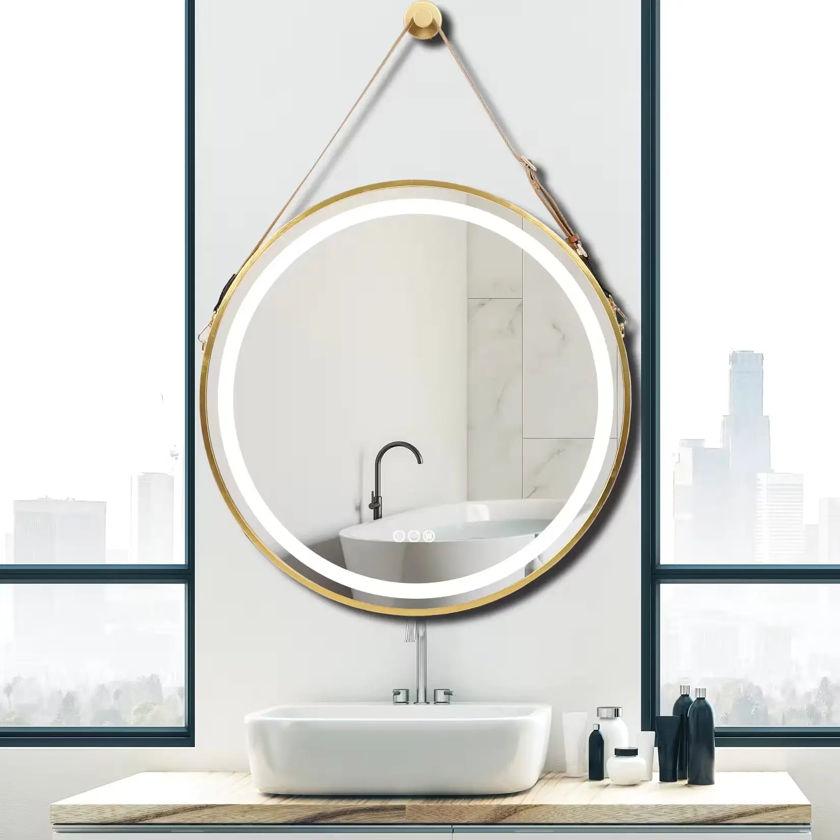 Miroir LED rond doré au-dessus du lavabo – éclairage homogène pour salle de bain moderne.