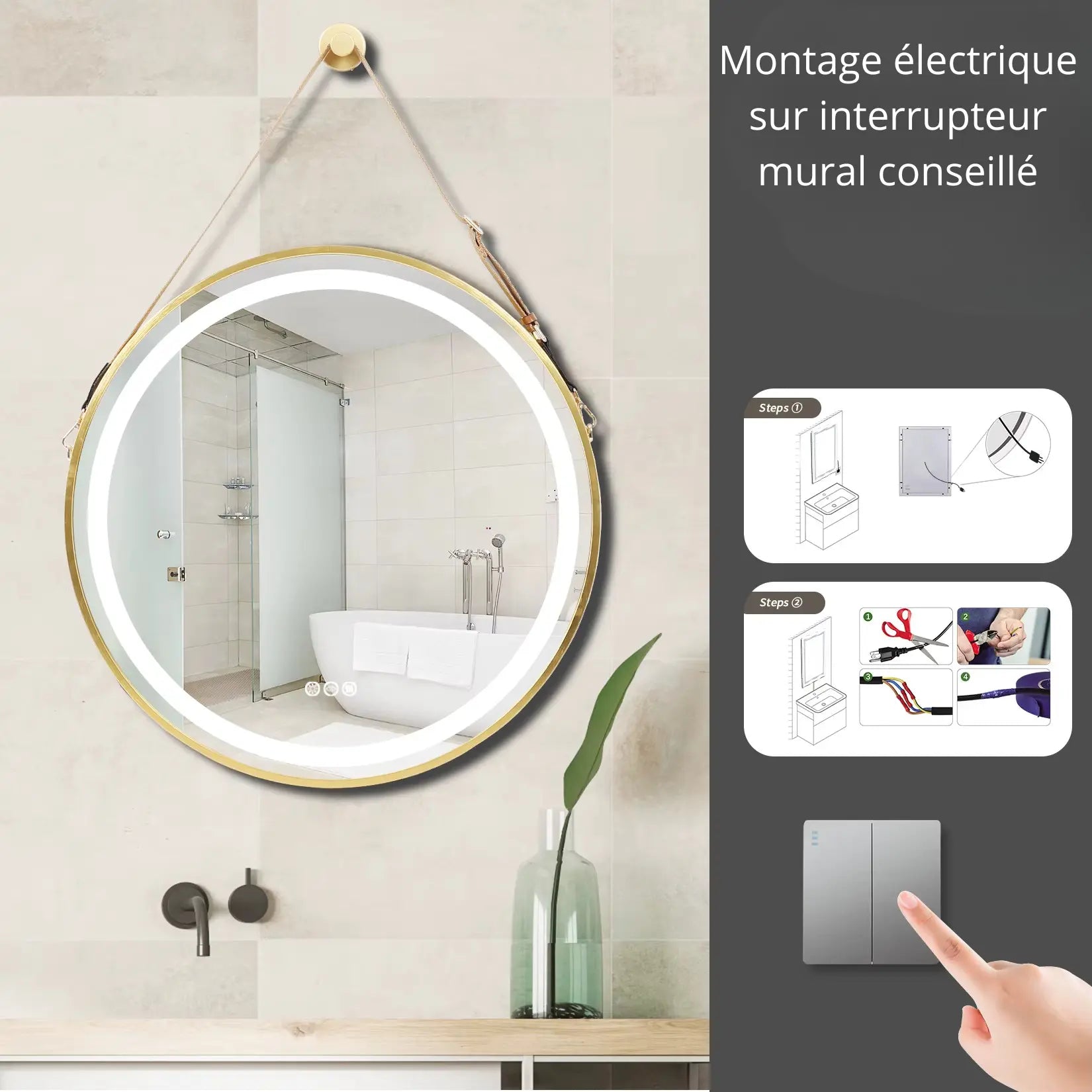 Miroir LED rond doré – schéma d’installation avec interrupteur mural recommandé.